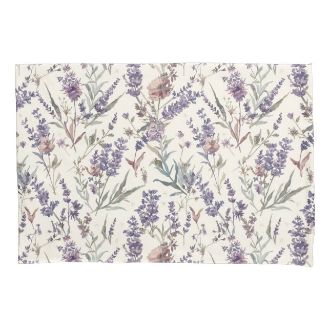 Wildflower Lavender Boho Botanical Floral Pattern Pillowcase (Front)