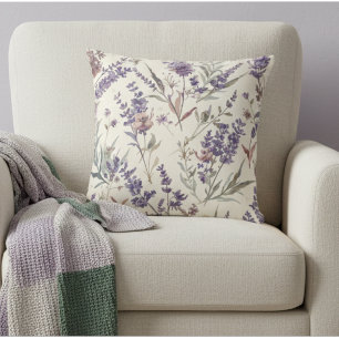 Wildflower Lavender Boho Botanical Floral Throw Pillow