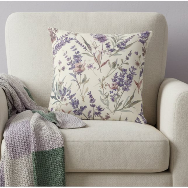 Wildflower Lavender Boho Botanical Floral Throw Pillow (Creator Uploaded)