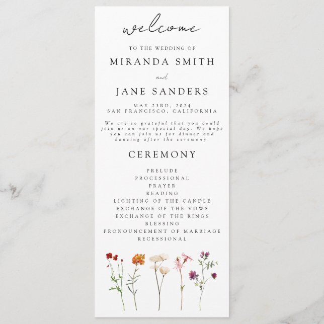 Wildflower Lesbian Pride Floral Wedding Program (Front)