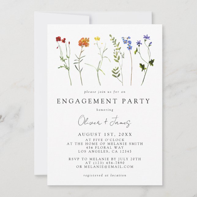 Wildflower LGBT Gay Pride Floral Engagement Party Invitation (Front)