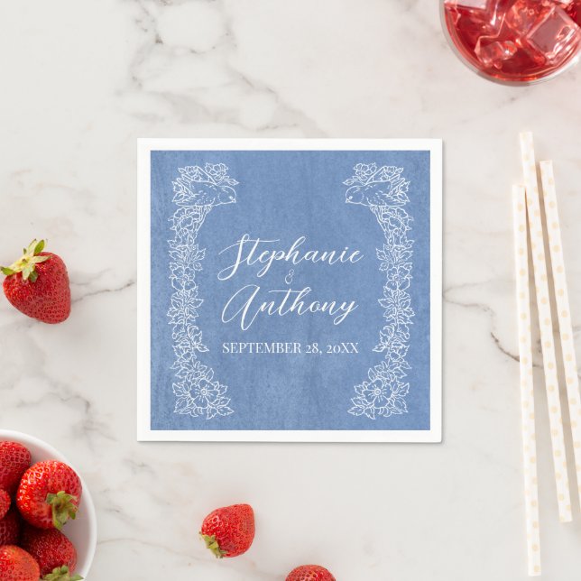 Wildflower Light Blue White Bird Border Wedding  Napkin (Insitu)