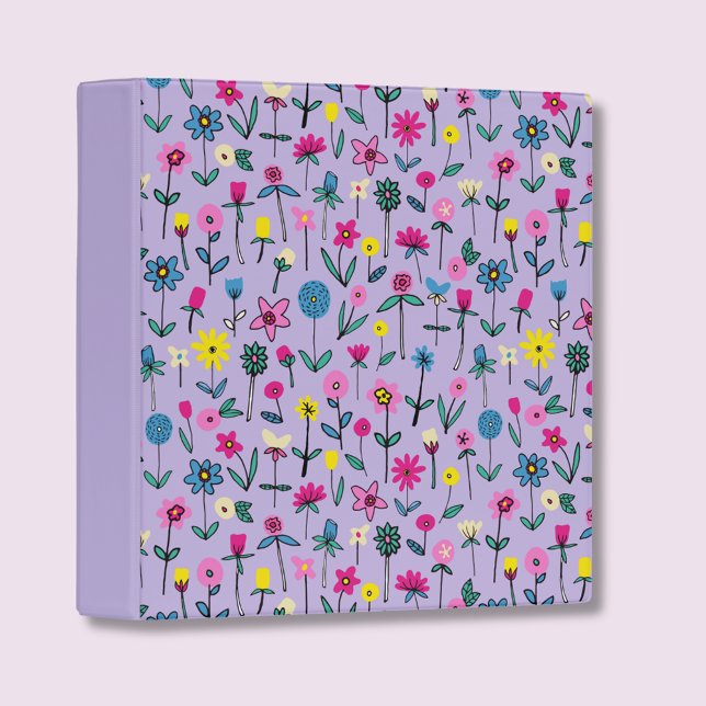  Wildflower Lilac Flower Garden pattern Binder (Whimsical binder with hand drawn wildflowers on a lilac background.)