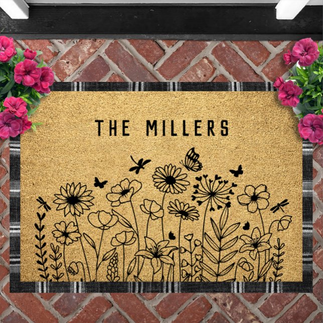 Wildflower Line Art Personalized Welcome Custom Doormat (Wildflower Line Art Personalized Doormat | Custom Text Welcome Mat Housewarming Gift)