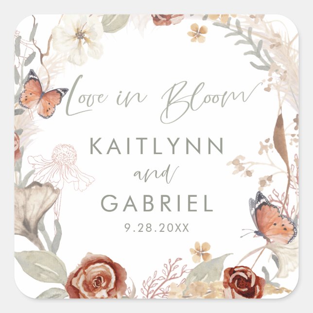 Wildflower Love in Bloom Wreath Watercolor Wedding Square Sticker (Front)