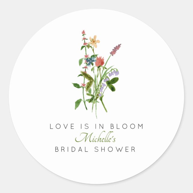 Wildflower Love is in Bloom Bridal Shower Classic Round Sticker (Front)