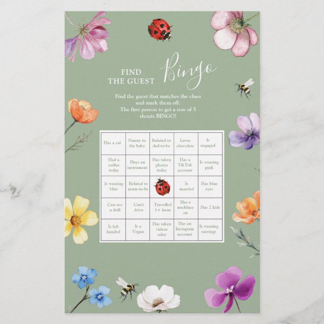 Wildflower Lovebug Find The Guest Bingo (Front)