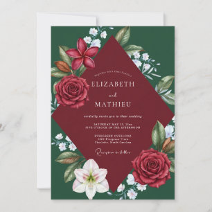 Wildflower Maroon Emerald Lily Wedding Invitation