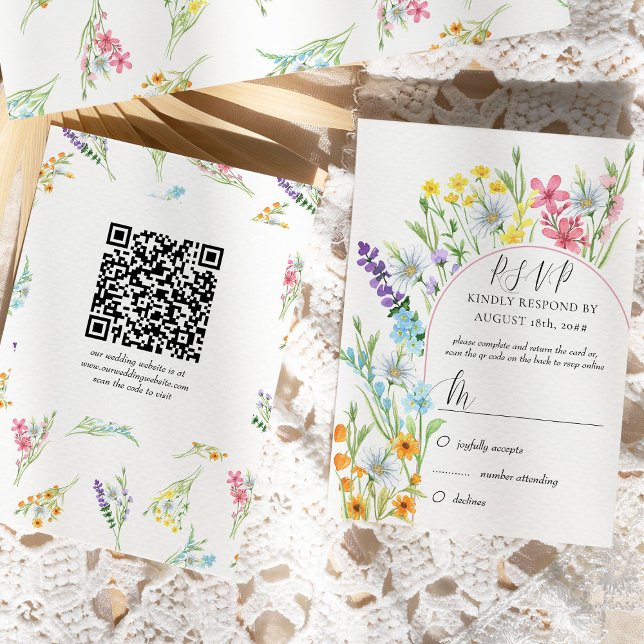 Wildflower Meadow Arch Wedding QR Code RSVP Card (RSVP card with traditional form and online rsvp QR code - Wildflower Meadow collection)