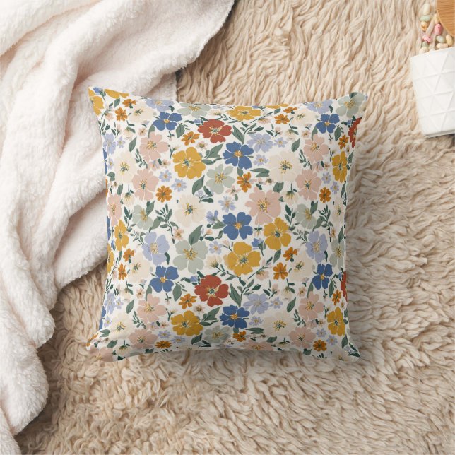 Wildflower Meadow Boho Pattern Throw Pillow (Blanket)