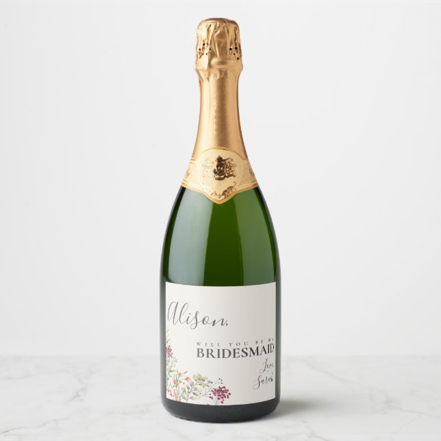 Wildflower Meadow Bridesmaid Proposal Card Sparkling Wine Label (Front)