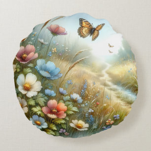 Wildflower Meadow Butterfly Garden Round Pillow