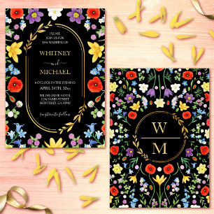 Wildflower Meadow Colourful Spring Monogram Weddin Invitation