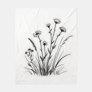 Wildflower Meadow Daisies Line Art Fleece Blanket