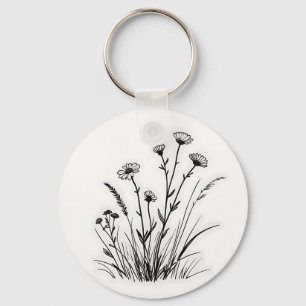 Wildflower Meadow Daisies Line Art Keychain