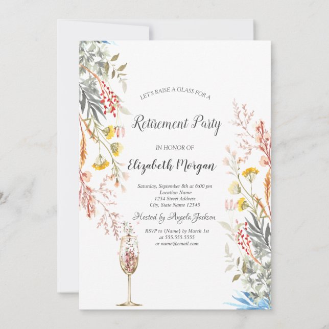 Wildflower Meadow Dried,Glass Retirement  Invitation (Front)