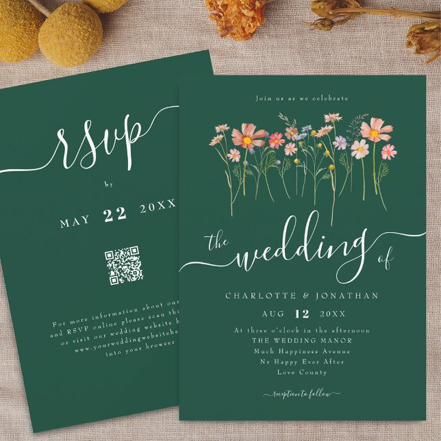 Wildflower Meadow Elegant Script Green QR Code Invitation (Wildflower meadow boho floral green Wedding qr code invitation Elegant script watercolor fall colors)