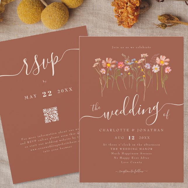 Wildflower Meadow Floral Terracotta Beige QR code Invitation (Wildflower meadow boho chic floral terracotta beige fall Wedding qr code invitation Elegant script )