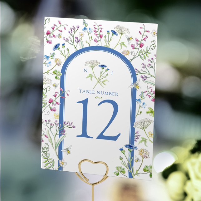 Wildflower meadow floral watercolor blue wedding table number (Creator Uploaded)