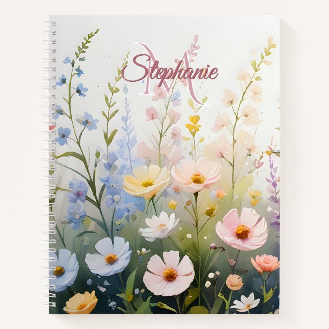 Wildflower Meadow in Bloom Name Monogram Notebook (Front)
