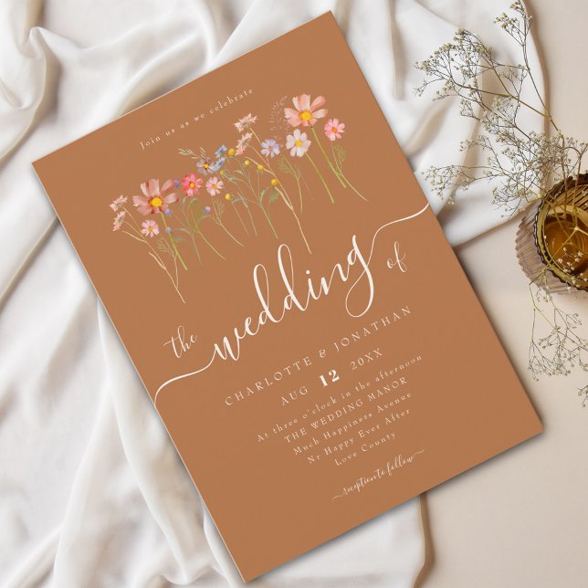 Wildflower Meadow Modern Script Brown Sugar Invitation (Wildflower meadow boho floral brown sugar Wedding invitation Elegant modern script watercolor fall)