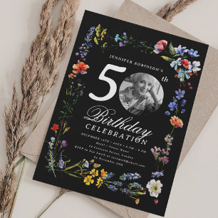 Wildflower Meadow Photo 50th Birthday Black Invitation