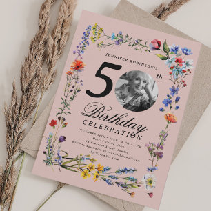 Wildflower Meadow Photo 50th Birthday Blush Pink Invitation