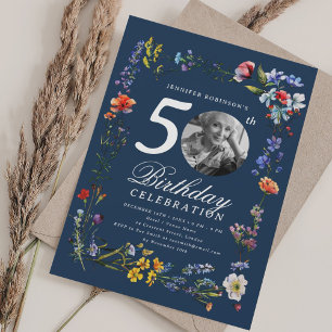 Wildflower Meadow Photo 50th Birthday Navy Blue  Invitation