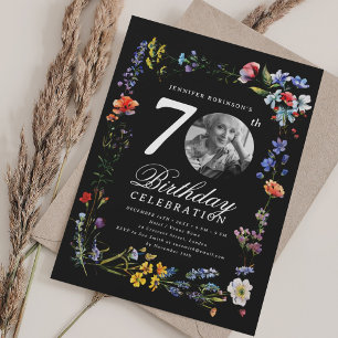 Wildflower Meadow Photo 70th Birthday Black  Invitation