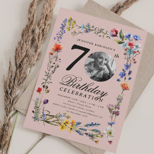 Wildflower Meadow Photo 70th Birthday Blush Pink  Invitation
