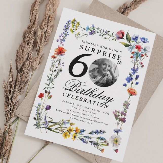 Wildflower Meadow Photo SURPRISE 60th Birthday  Invitation (Wildflower Meadow Photo SURPRISE 60th Birthday Invitation)
