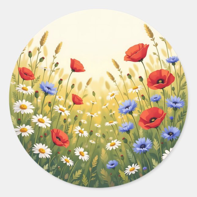 Wildflower Meadow Poppy Pattern Classic Round Sticker (Front)
