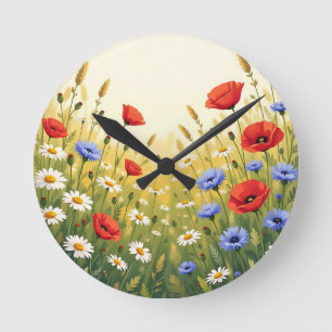 Wildflower Meadow Poppy Pattern Round Clock