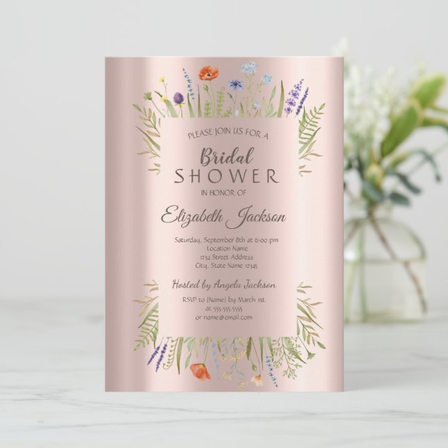  Wildflower Meadow Rose Gold Bridal Shower  Invitation (Standing Front)