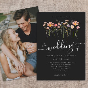 Wildflower Meadow Script Photo Black & White Invitation