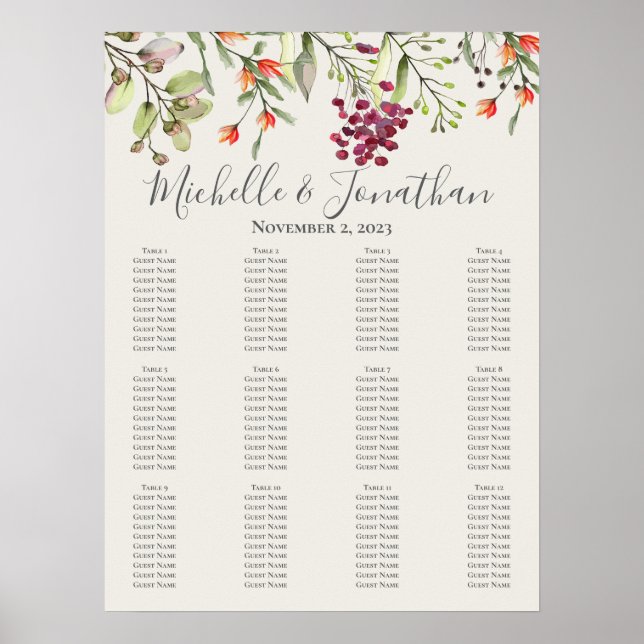 Wildflower Meadow Wedding Seating Chart Ecru (Front)