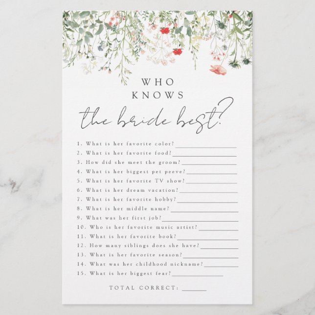 Wildflower Meadow Who Knows the Bride Best Game (Front)