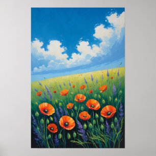 Wildflower Meadow with Blue Sky and Poppies Art Poster