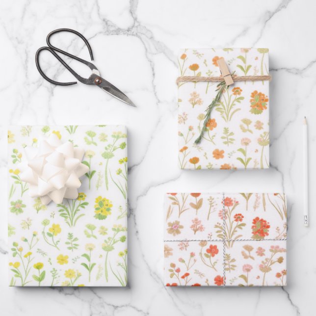 Wildflower meadow Yellow, Orange, Peach, White Wrapping Paper Sheet (Front)