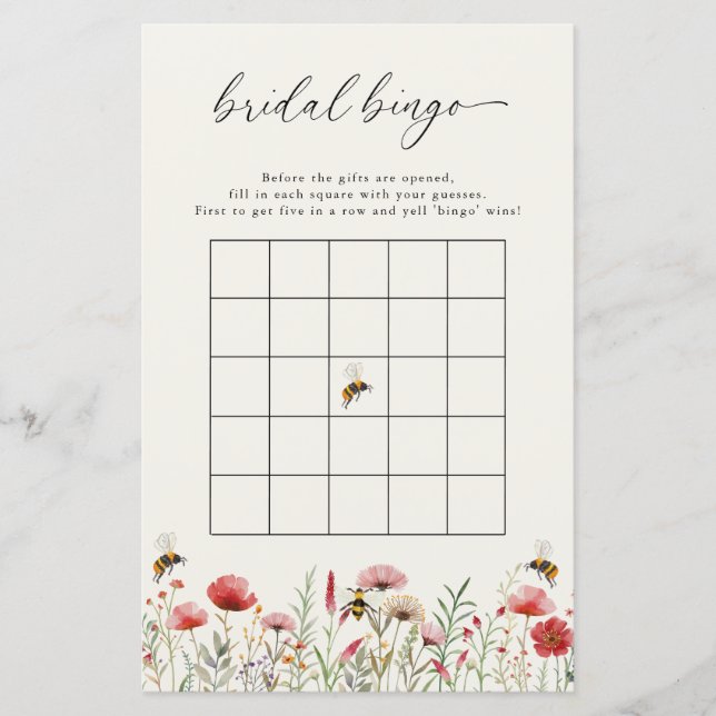 Wildflower Meant To Bee Bridal Bingo Game Card (Front)