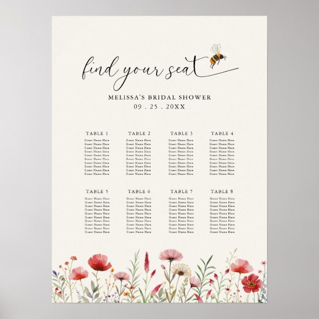 Wildflower Meant To Bee Bridal Shower Seating Plan Poster (Front)