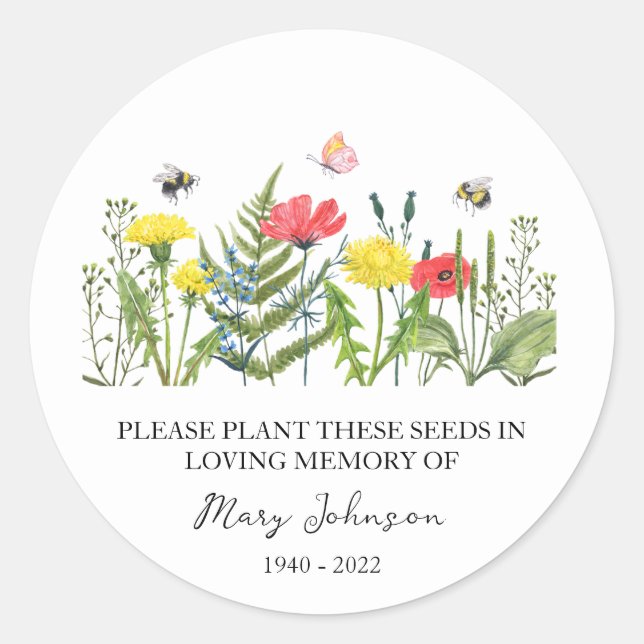 Wildflower Memorial Funeral Seed Packet Classic Round Sticker (Front)
