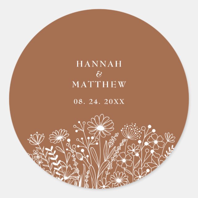 Wildflower  Minimalist Boho Burnt Orange Wedding Classic Round Sticker (Front)