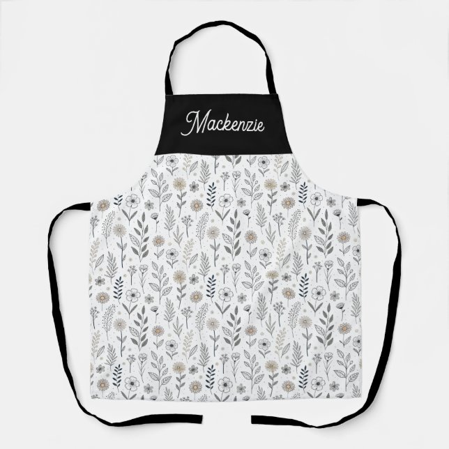 Wildflower Modern Boho Stylish Monogram Name  Apron (Front)