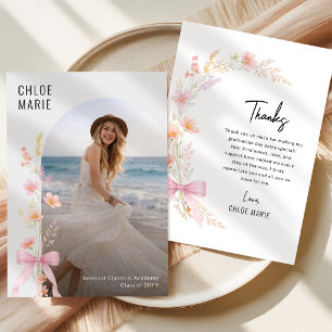 Wildflower Modern Photo Pink Bow Graduation Thank You Card