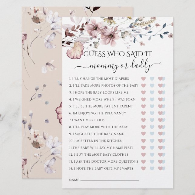 Wildflower Mom or Dad Said It Baby Shower Game (Front/Back)