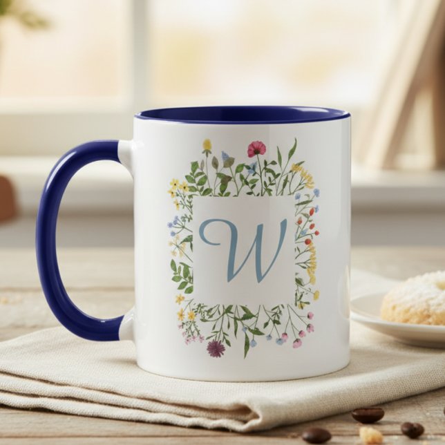 Wildflower Monogram Blue Initial Mug (Wildflower monogram coffee mug for new homeowners at housewarming celebrations)