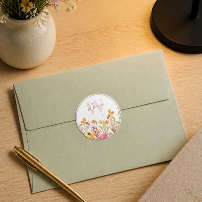 Wildflower Monogram Classic Round Sticker (Creator Uploaded)