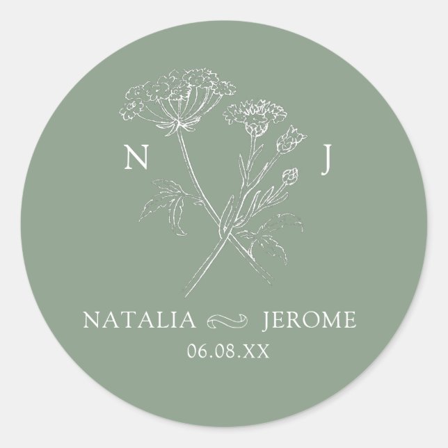 Wildflower monogram green name and wedding date classic round sticker (Front)