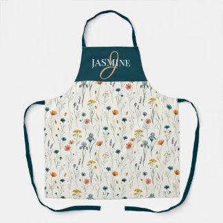 Wildflower Monogram Green Orange Name Apron